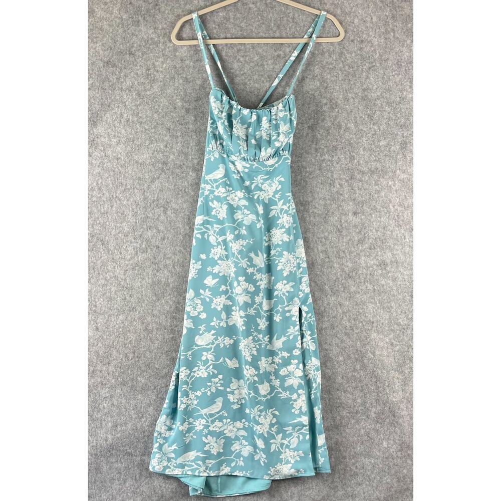 Abercrombie Fitch Ruched Midi Dress Womens Large Blue Floral Slit Strappy Aloha